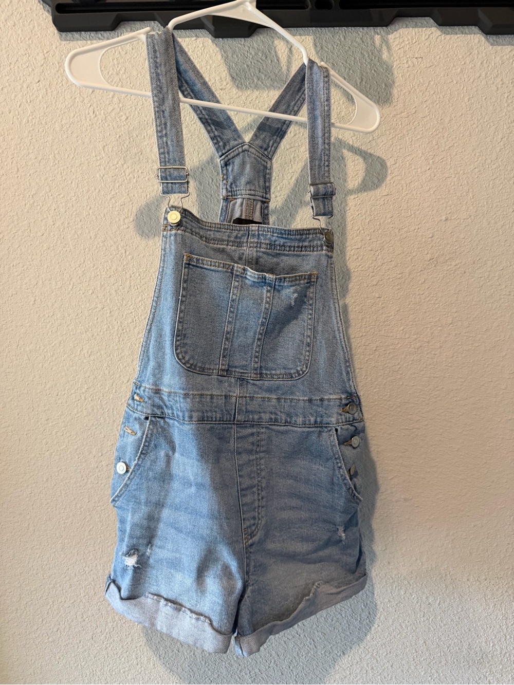 No Boundaries Girls Blue Denim Overall Romper Shorts L 11-13 Pockets Straps